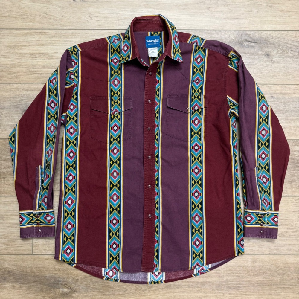 Wrangler Mens Western Snap Shirt‎ Burgundy Southwestern Stripe Large READ